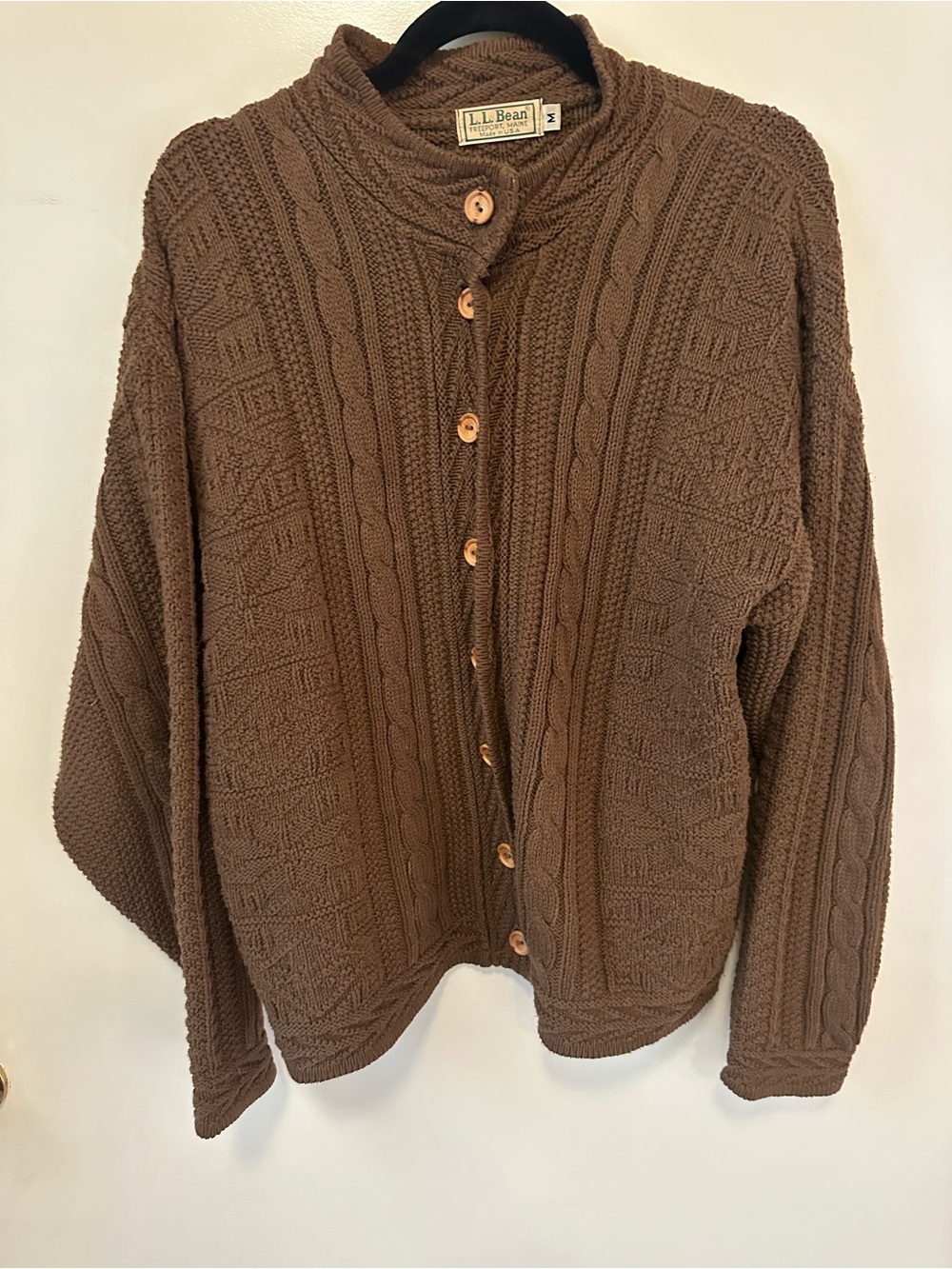 VTG L.L.Bean Cardigan Women’s M Brown Cotton Cable Knit Sweater Made in USA